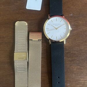 New! 2 in1 Rosefield gold watch blk leather strap w/ interchangeable gold straps
